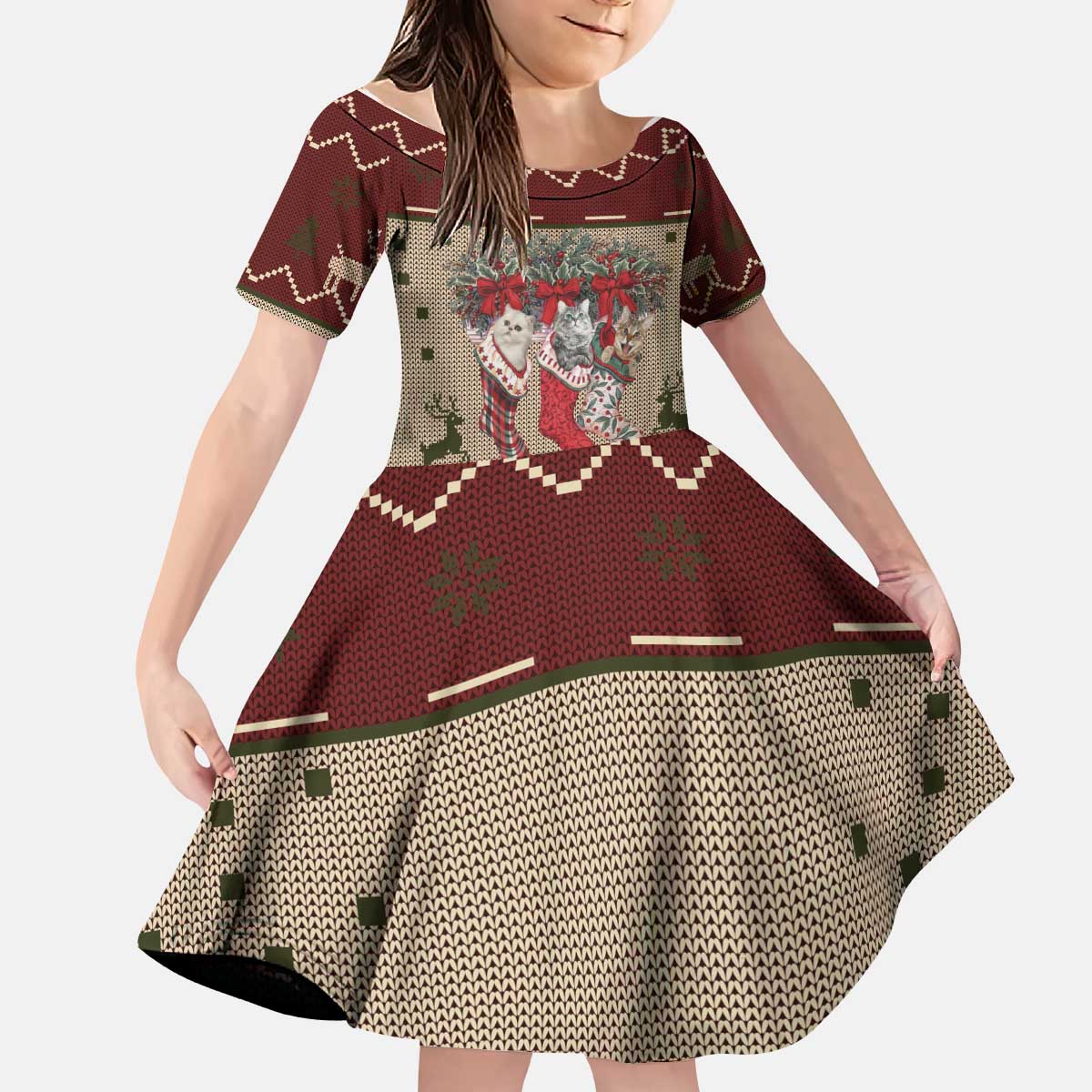Cat And Sock Christmas Kid Short Sleeve Dress Xmas Holiday Patterns - Wonder Print Shop