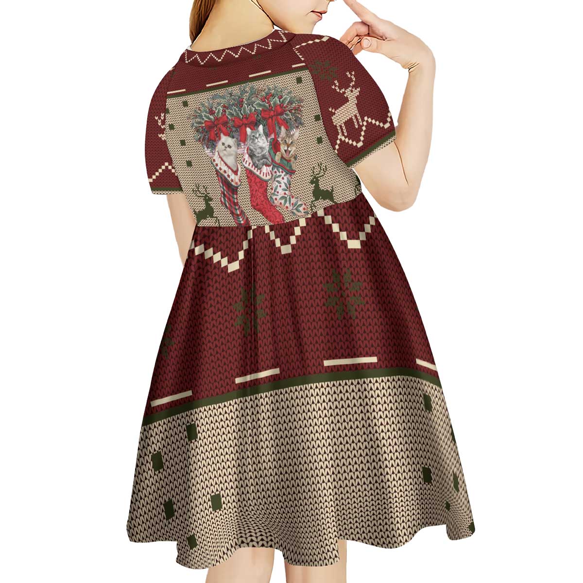 Cat And Sock Christmas Kid Short Sleeve Dress Xmas Holiday Patterns - Wonder Print Shop