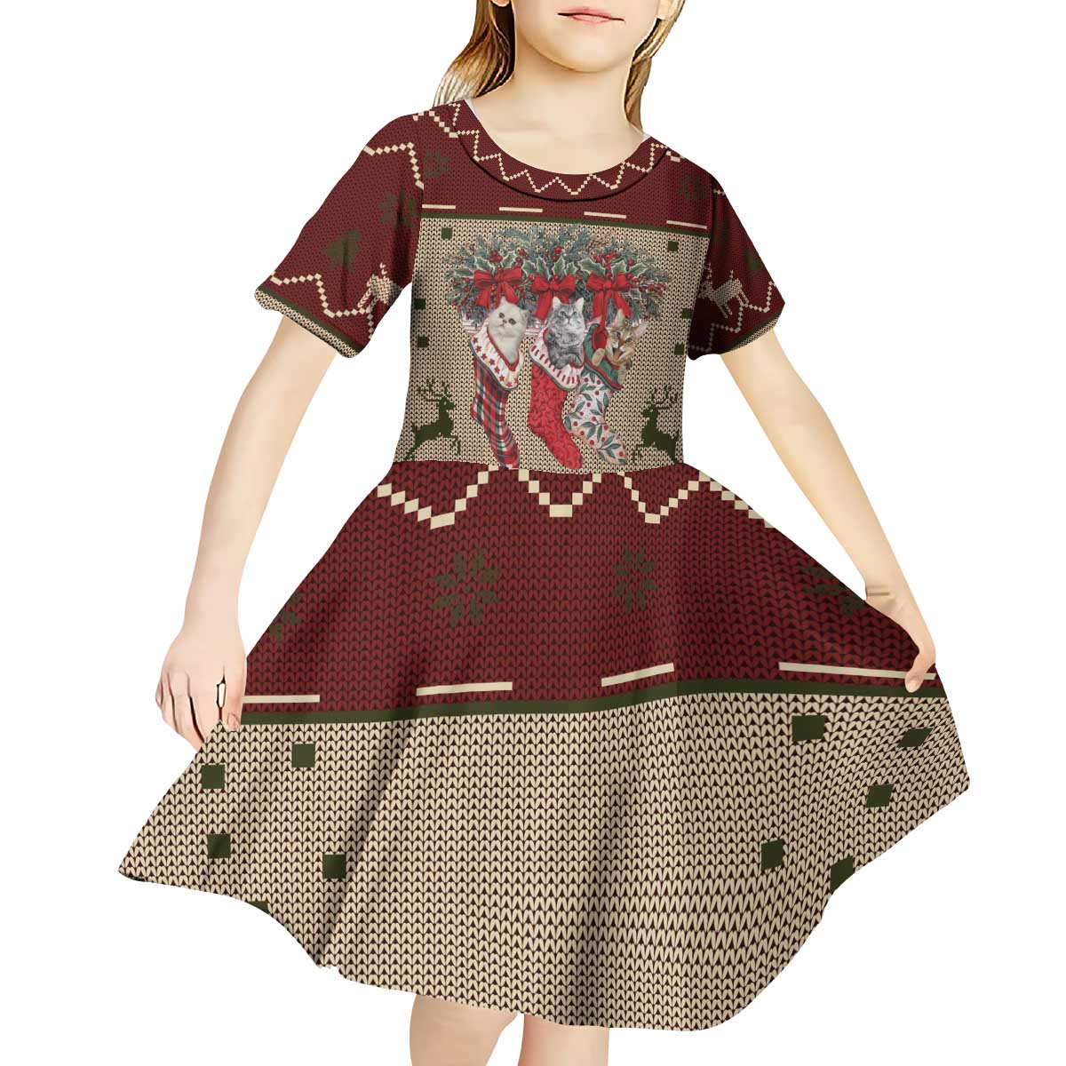 Cat And Sock Christmas Kid Short Sleeve Dress Xmas Holiday Patterns - Wonder Print Shop