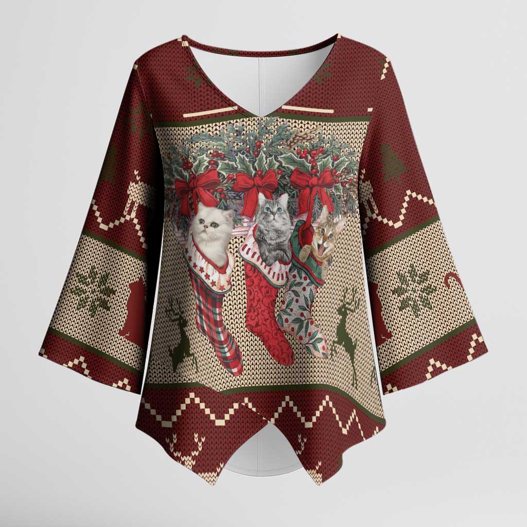 Cat And Sock Christmas Kimono Sleeve Blouse Xmas Holiday Patterns - Wonder Print Shop