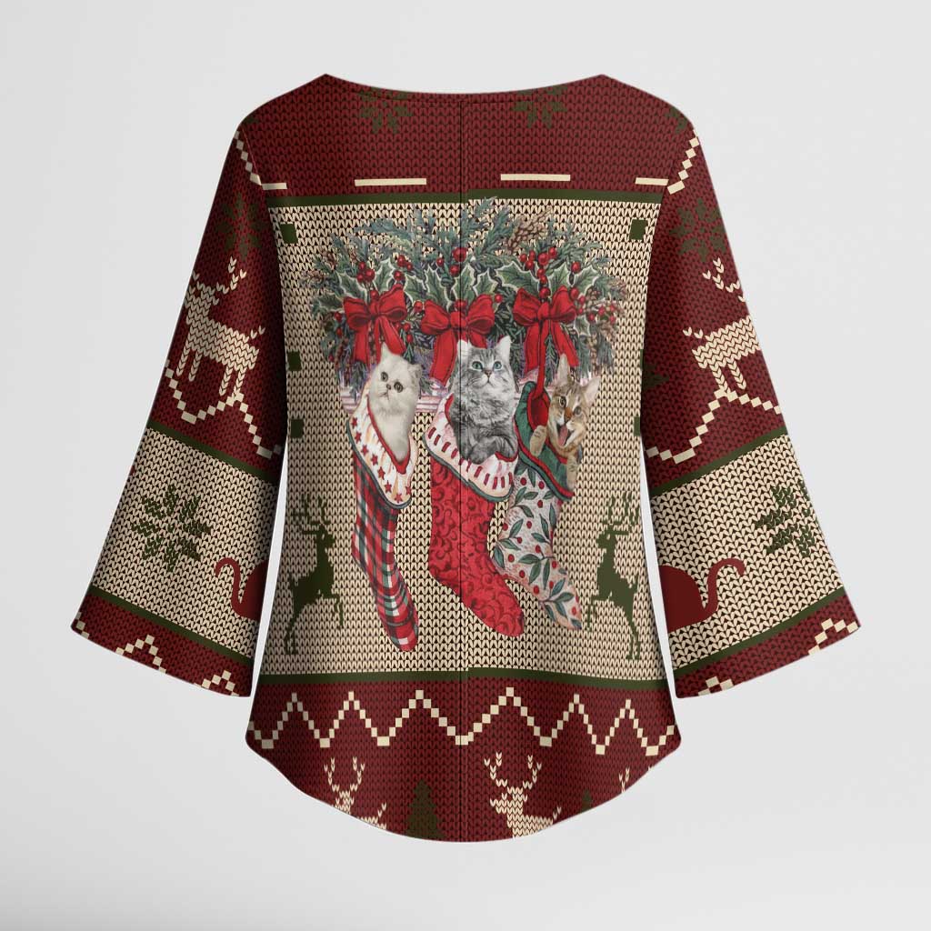 Cat And Sock Christmas Kimono Sleeve Blouse Xmas Holiday Patterns - Wonder Print Shop