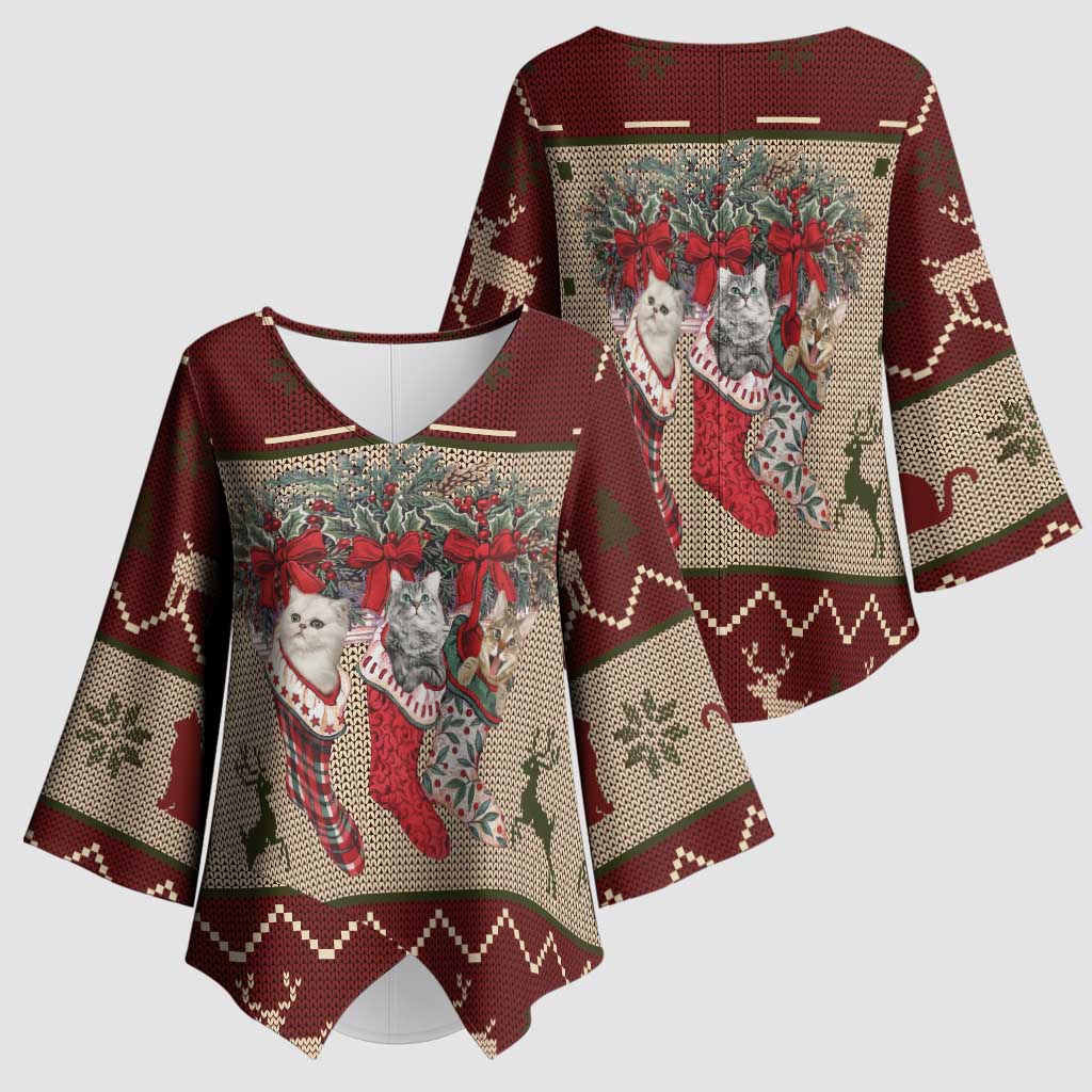 Cat And Sock Christmas Kimono Sleeve Blouse Xmas Holiday Patterns - Wonder Print Shop