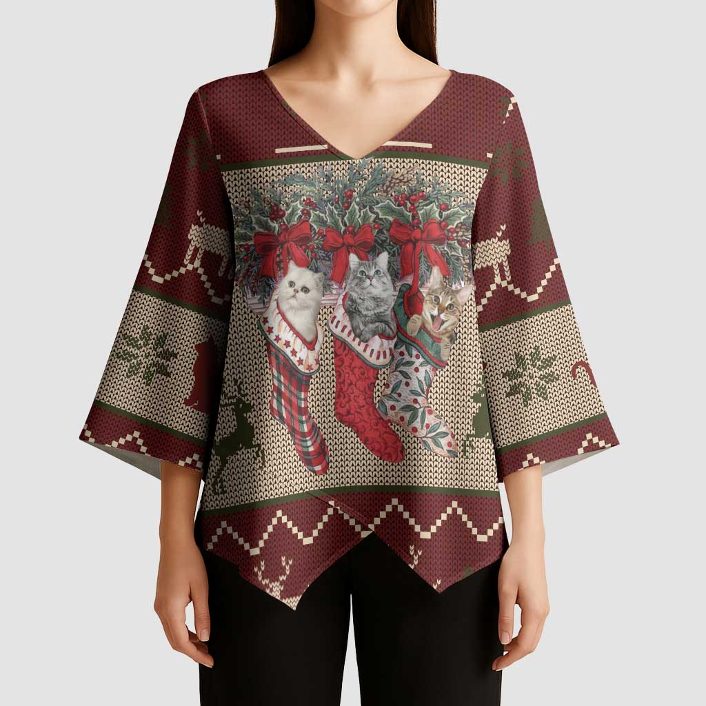 Cat And Sock Christmas Kimono Sleeve Blouse Xmas Holiday Patterns - Wonder Print Shop