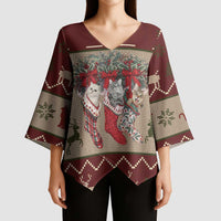 Cat And Sock Christmas Kimono Sleeve Blouse Xmas Holiday Patterns - Wonder Print Shop