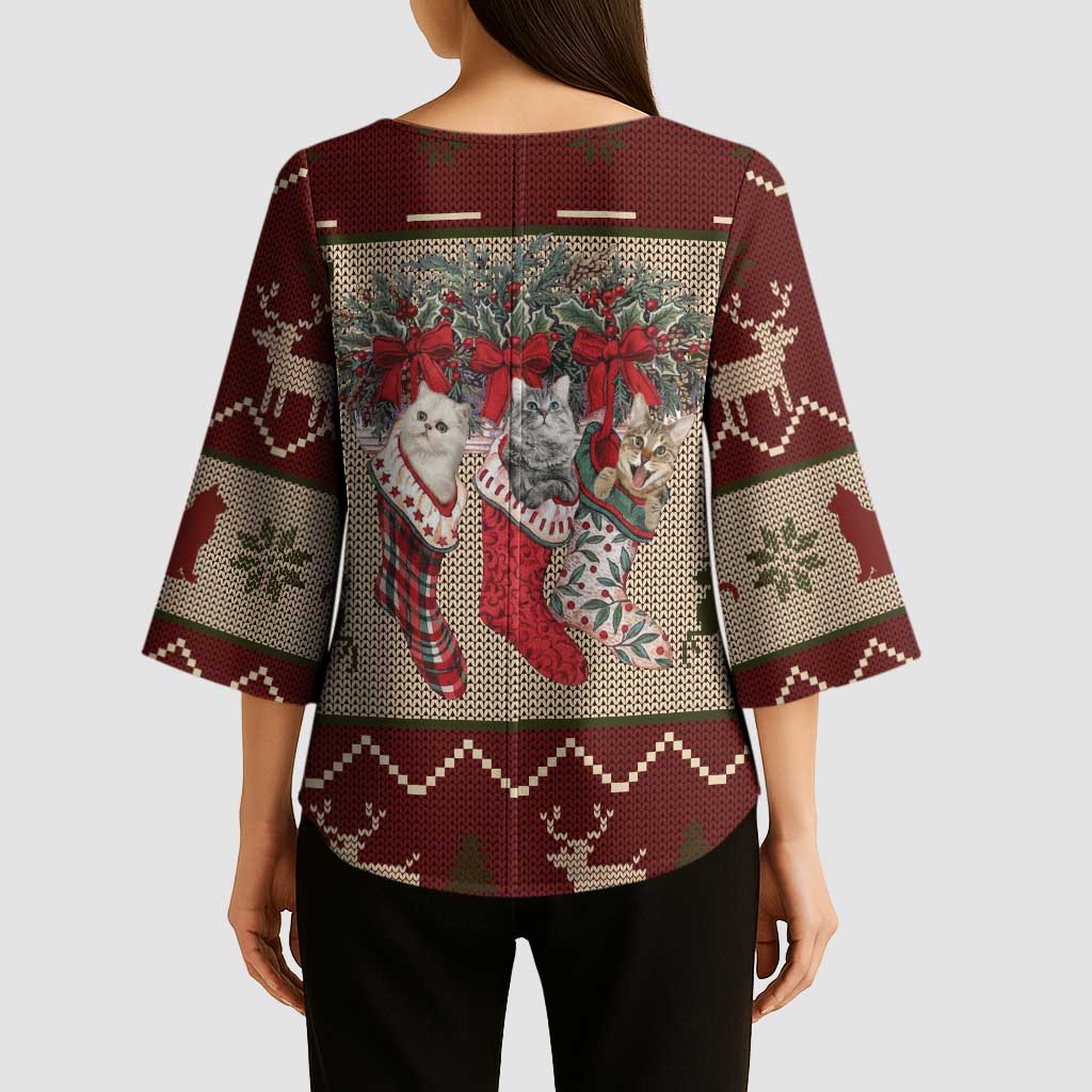 Cat And Sock Christmas Kimono Sleeve Blouse Xmas Holiday Patterns - Wonder Print Shop