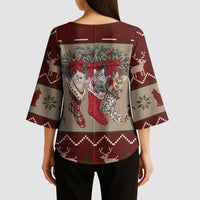 Cat And Sock Christmas Kimono Sleeve Blouse Xmas Holiday Patterns - Wonder Print Shop