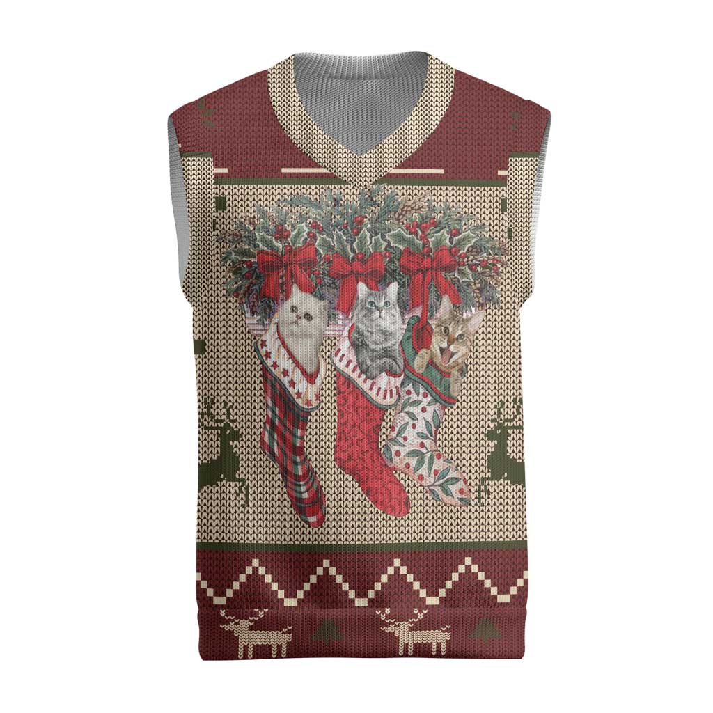Cat And Sock Christmas Knitted V-Neck Vest Xmas Holiday Patterns - Wonder Print Shop