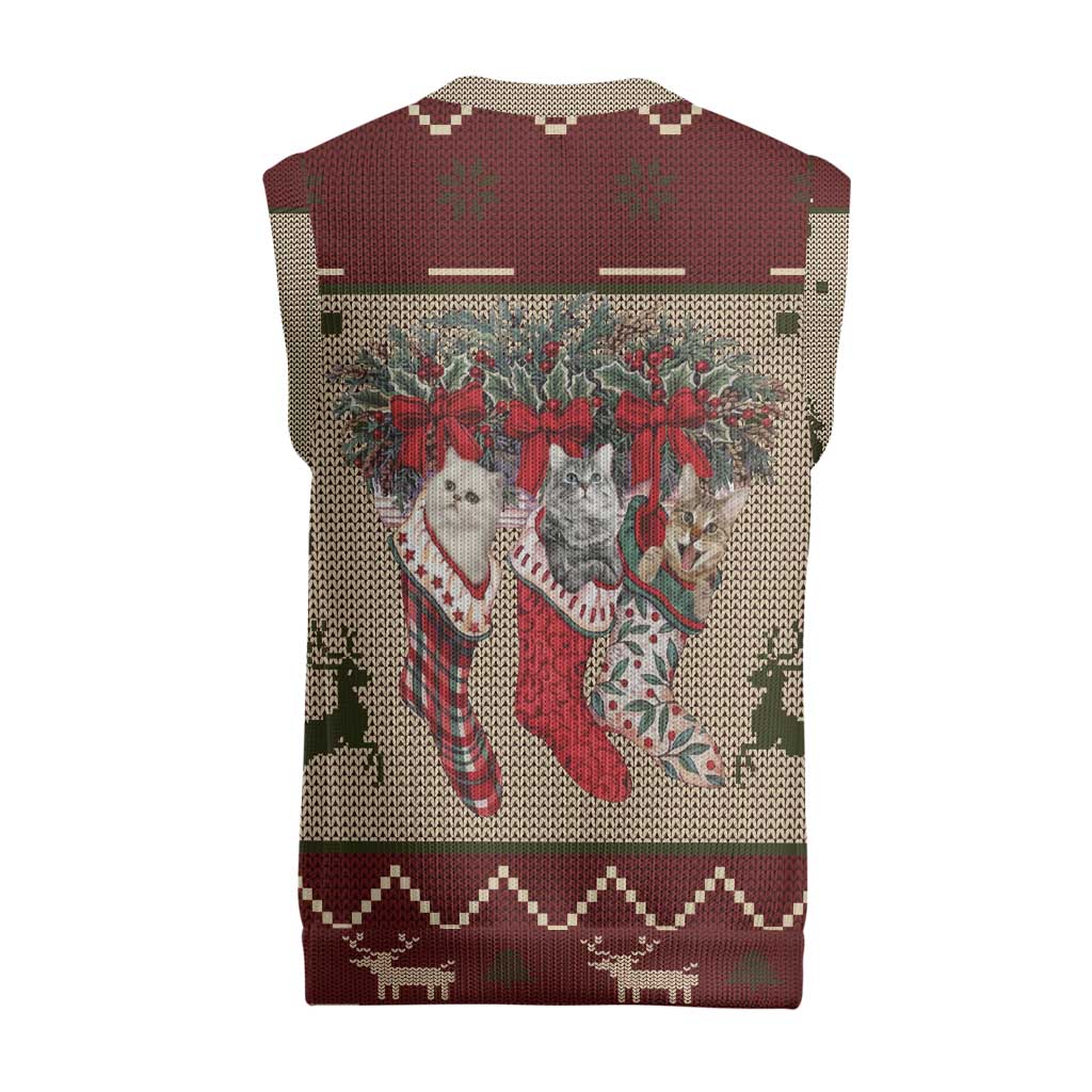 Cat And Sock Christmas Knitted V-Neck Vest Xmas Holiday Patterns - Wonder Print Shop