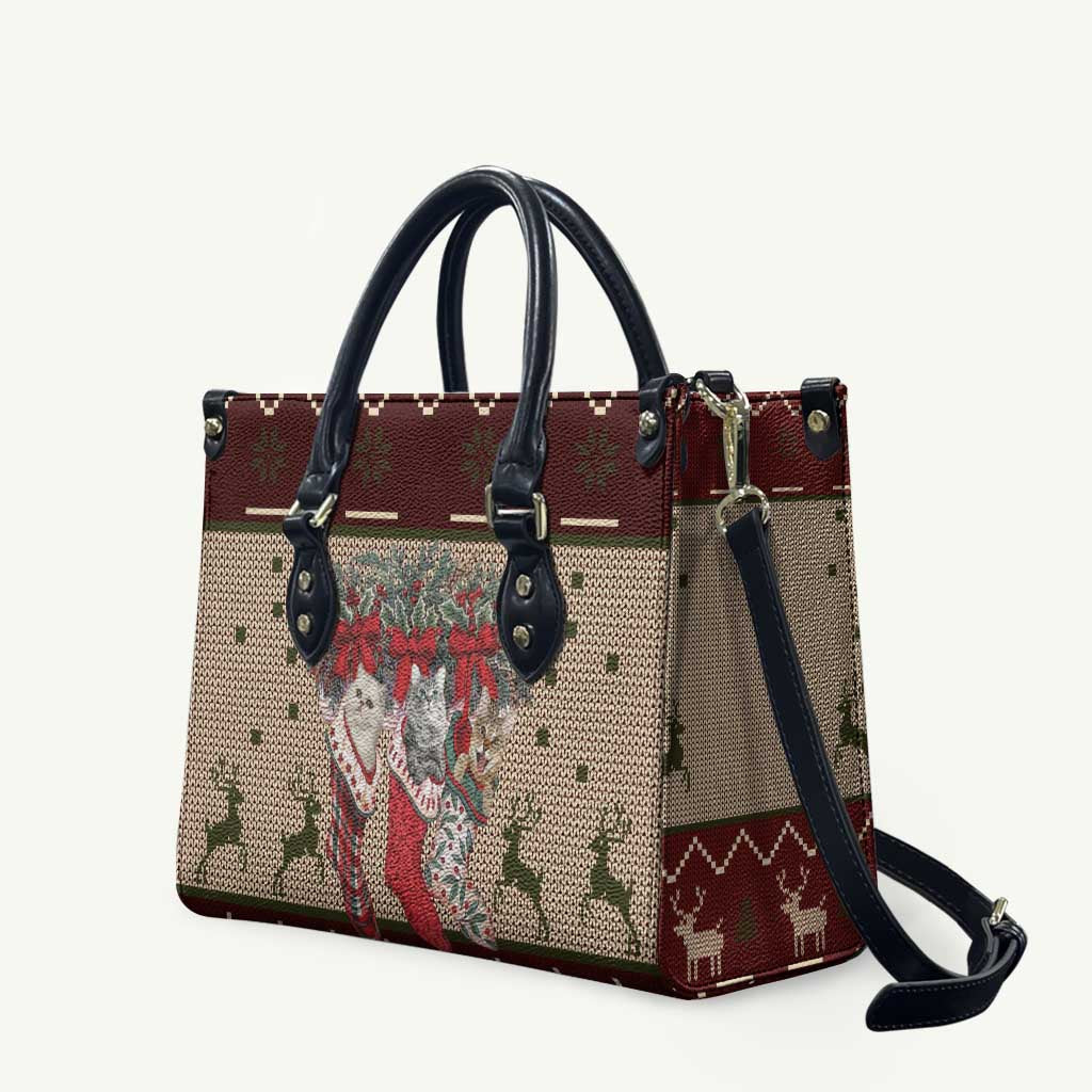 Cat And Sock Christmas Leather Bag Xmas Holiday Patterns - Wonder Print Shop