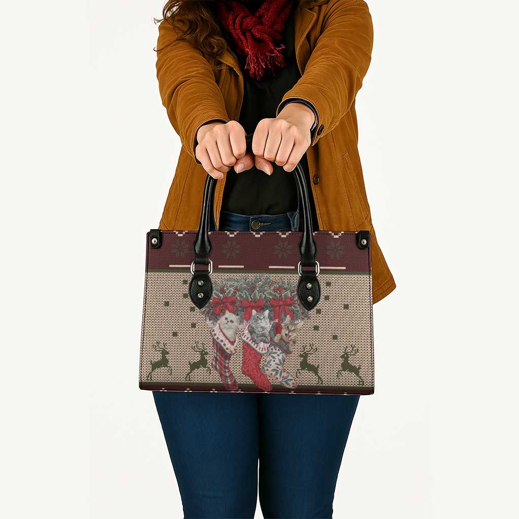 Cat And Sock Christmas Leather Bag Xmas Holiday Patterns - Wonder Print Shop
