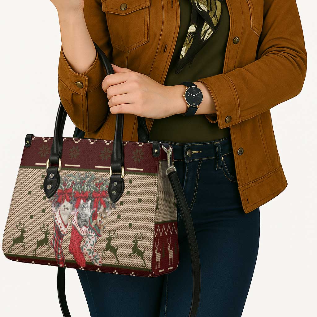 Cat And Sock Christmas Leather Bag Xmas Holiday Patterns - Wonder Print Shop