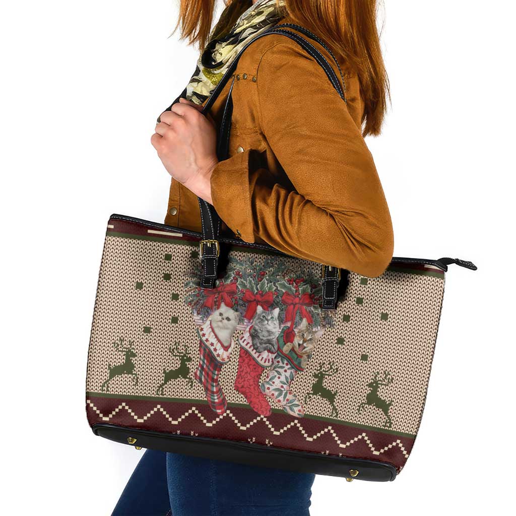 Cat And Sock Christmas Leather Tote Bag Xmas Holiday Patterns - Wonder Print Shop