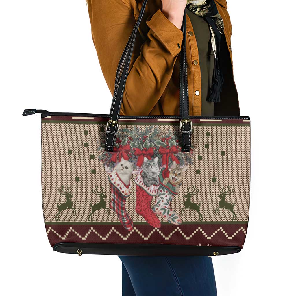Cat And Sock Christmas Leather Tote Bag Xmas Holiday Patterns - Wonder Print Shop