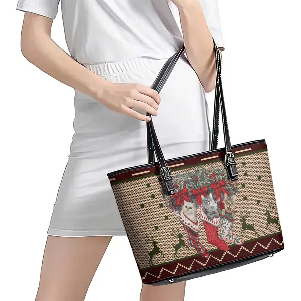 Cat And Sock Christmas Leather Tote Bag Xmas Holiday Patterns - Wonder Print Shop
