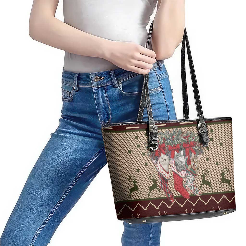 Cat And Sock Christmas Leather Tote Bag Xmas Holiday Patterns - Wonder Print Shop