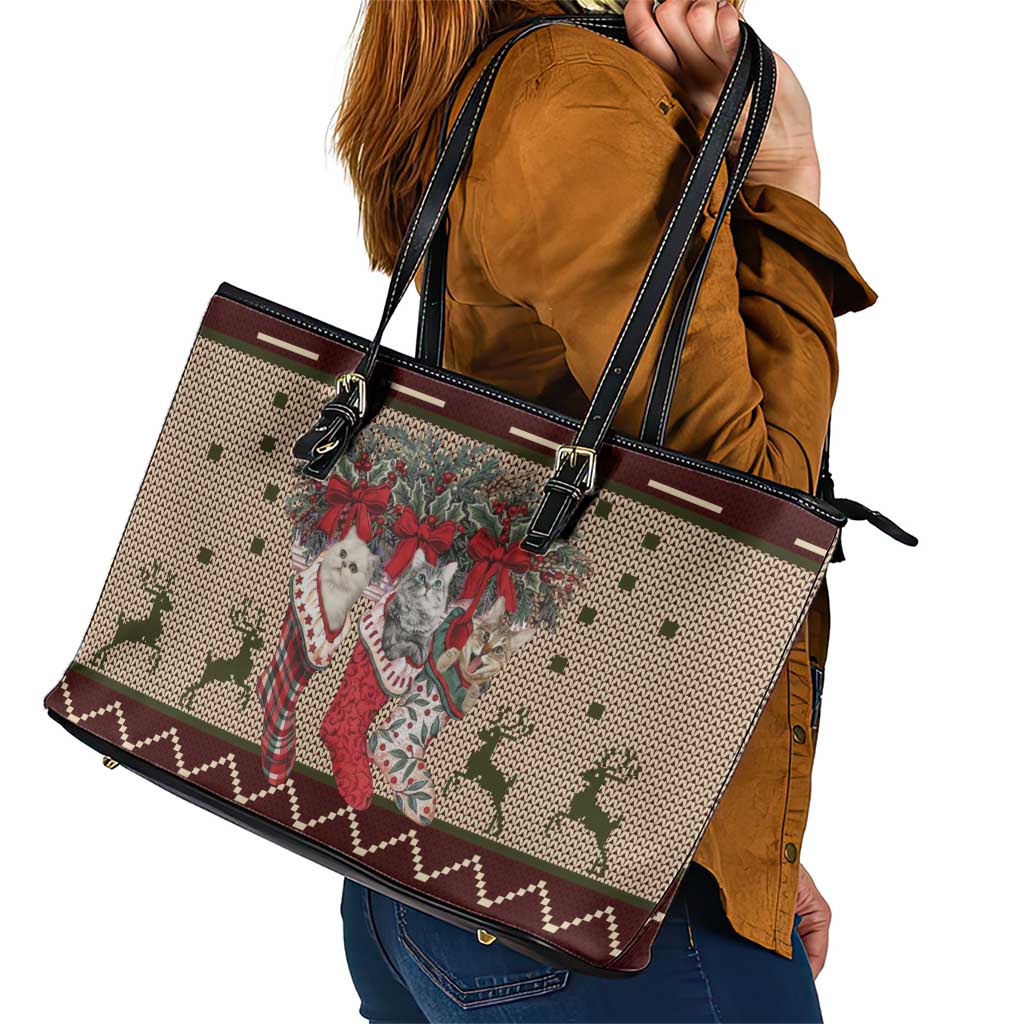 Cat And Sock Christmas Leather Tote Bag Xmas Holiday Patterns - Wonder Print Shop