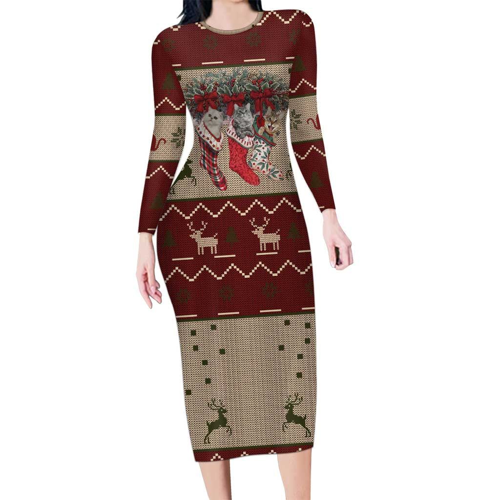 Cat And Sock Christmas Long Sleeve Bodycon Dress Xmas Holiday Patterns - Wonder Print Shop