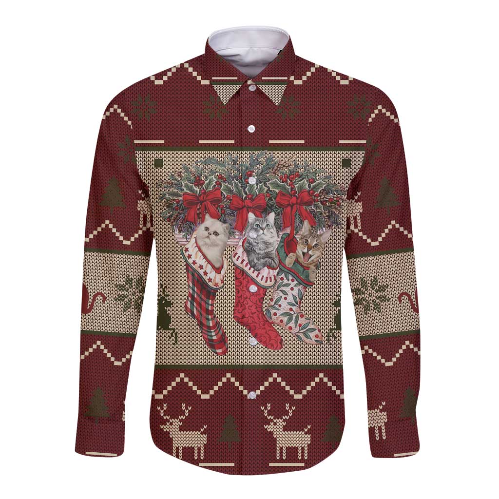 Cat And Sock Christmas Long Sleeve Button Shirt Xmas Holiday Patterns - Wonder Print Shop