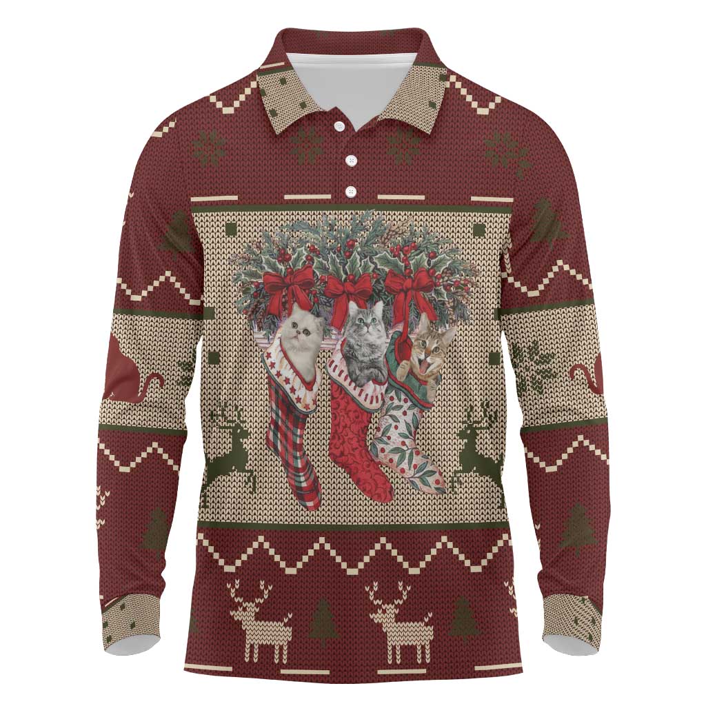 Cat And Sock Christmas Long Sleeve Polo Shirt Xmas Holiday Patterns - Wonder Print Shop