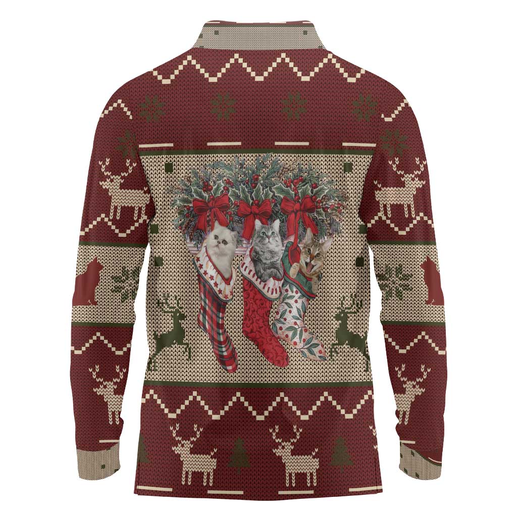 Cat And Sock Christmas Long Sleeve Polo Shirt Xmas Holiday Patterns - Wonder Print Shop