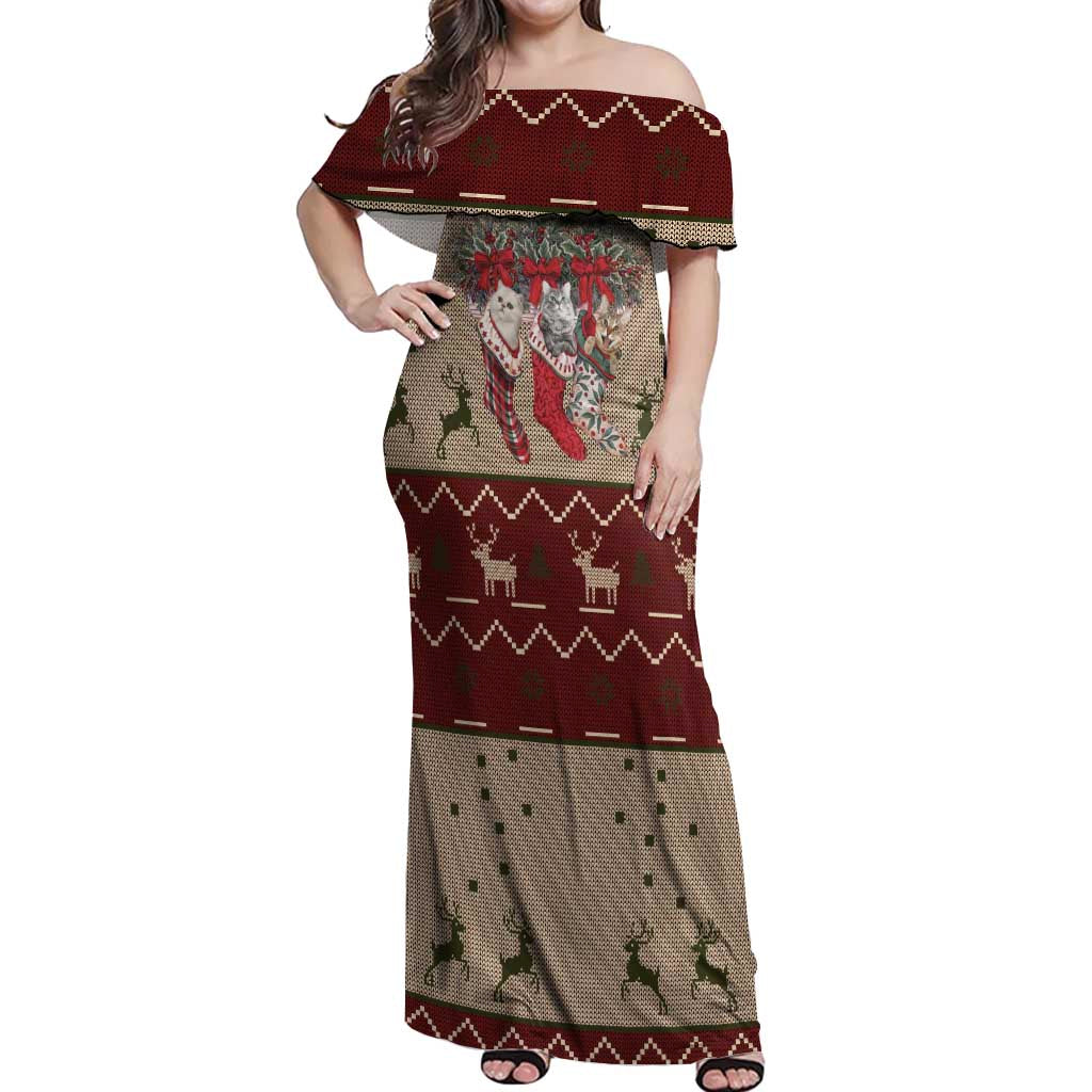 Cat And Sock Christmas Off Shoulder Maxi Dress Xmas Holiday Patterns - Wonder Print Shop