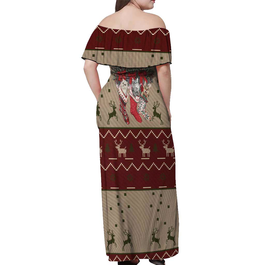 Cat And Sock Christmas Off Shoulder Maxi Dress Xmas Holiday Patterns - Wonder Print Shop