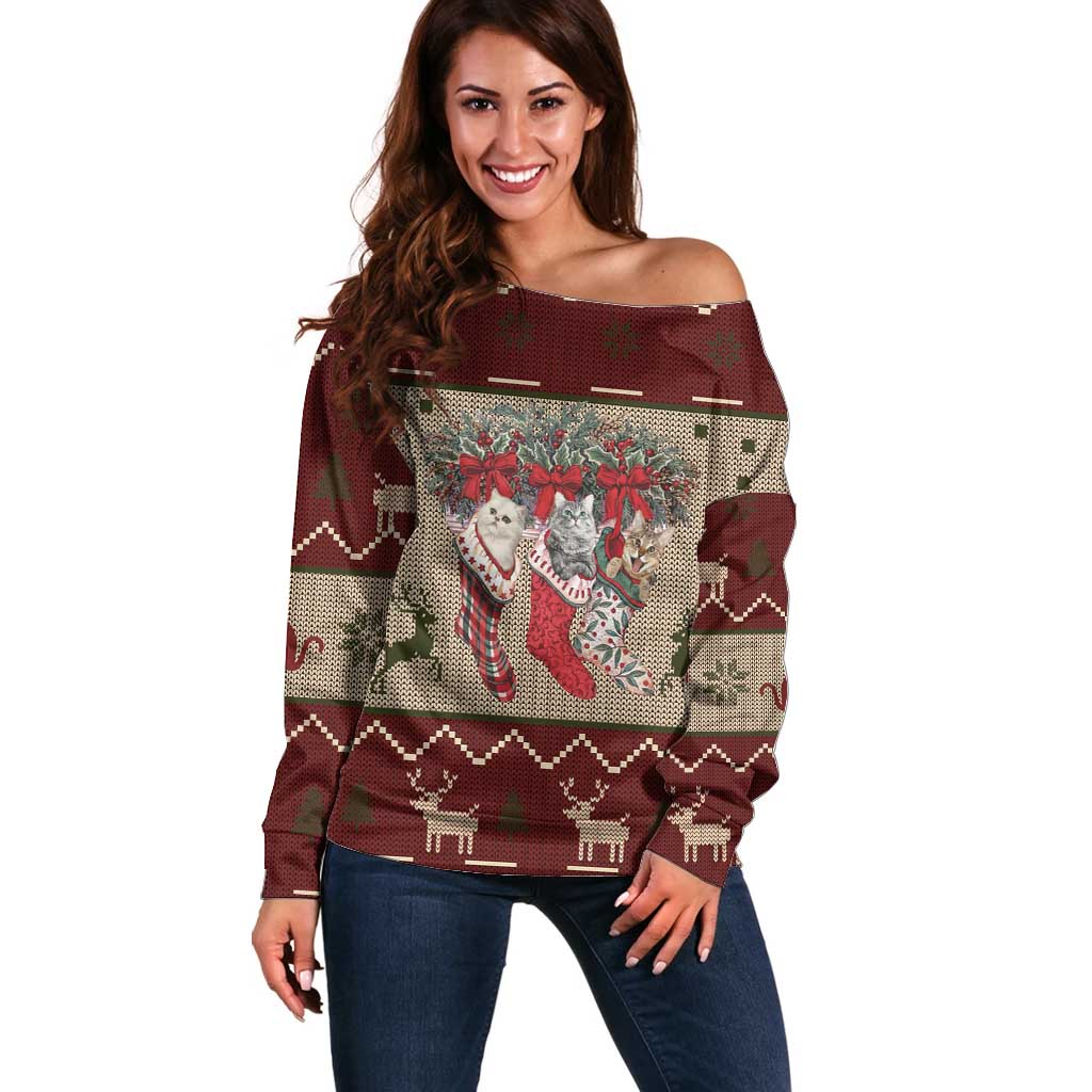 Cat And Sock Christmas Off Shoulder Sweater Xmas Holiday Patterns - Wonder Print Shop