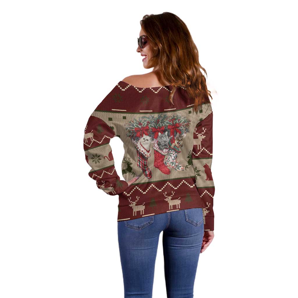 Cat And Sock Christmas Off Shoulder Sweater Xmas Holiday Patterns - Wonder Print Shop