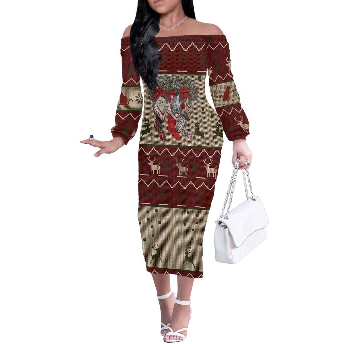 Cat And Sock Christmas Off The Shoulder Long Sleeve Dress Xmas Holiday Patterns - Wonder Print Shop