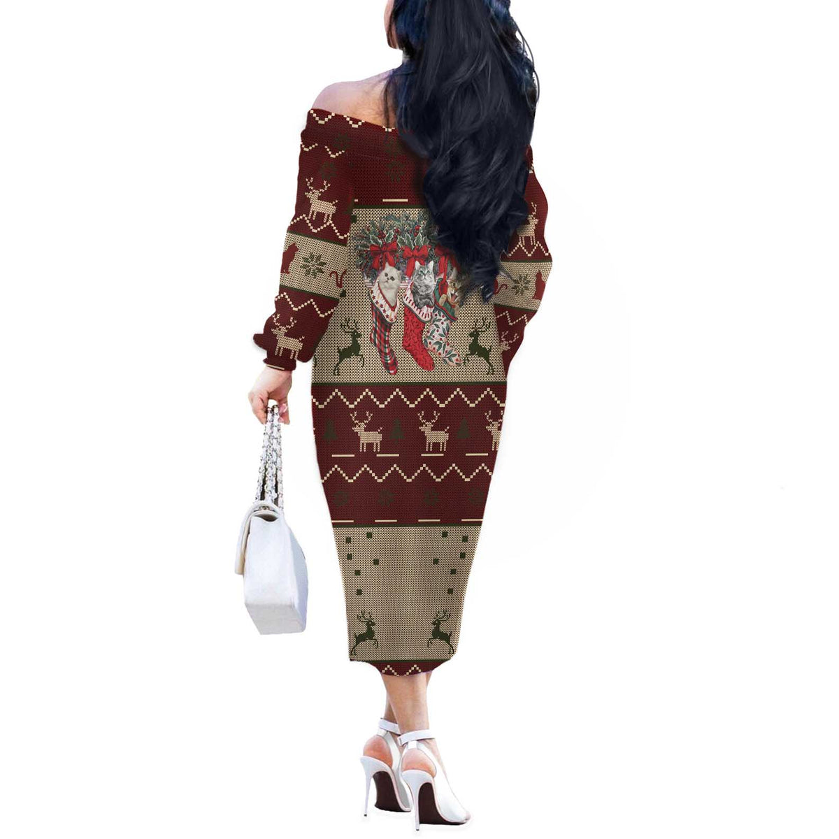 Cat And Sock Christmas Off The Shoulder Long Sleeve Dress Xmas Holiday Patterns - Wonder Print Shop