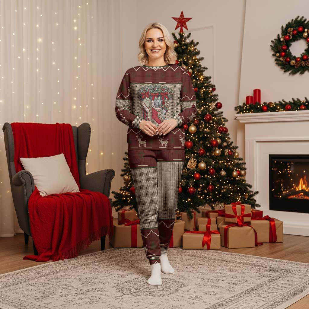 Cat And Sock Christmas Pajama Set Xmas Holiday Patterns - Wonder Print Shop