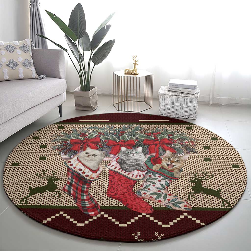 Cat And Sock Christmas Round Carpet Xmas Holiday Patterns - Wonder Print Shop