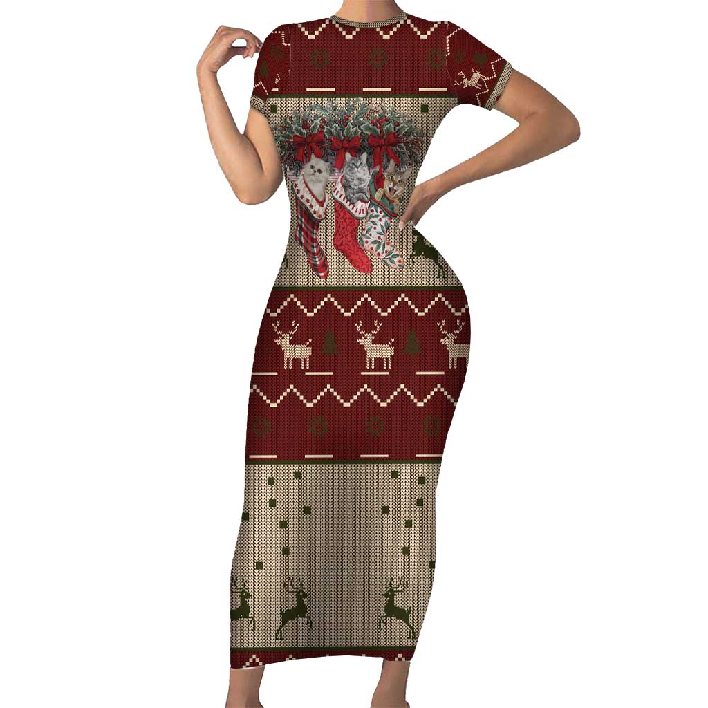 Cat And Sock Christmas Short Sleeve Bodycon Dress Xmas Holiday Patterns - Wonder Print Shop