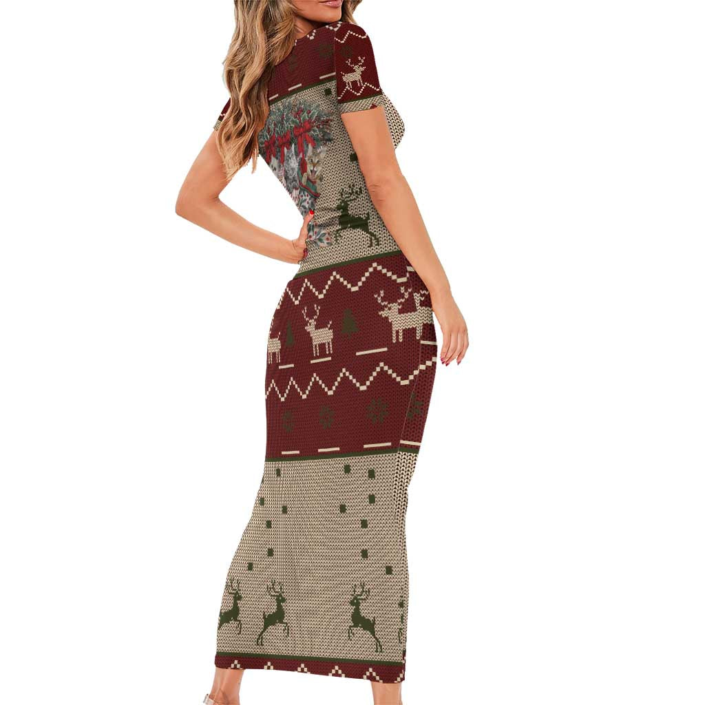 Cat And Sock Christmas Short Sleeve Bodycon Dress Xmas Holiday Patterns - Wonder Print Shop