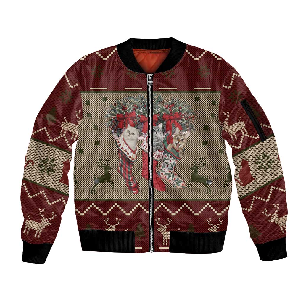 Cat And Sock Christmas Sleeve Zip Bomber Jacket Xmas Holiday Patterns - Wonder Print Shop