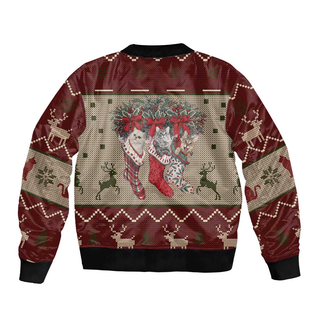 Cat And Sock Christmas Sleeve Zip Bomber Jacket Xmas Holiday Patterns - Wonder Print Shop