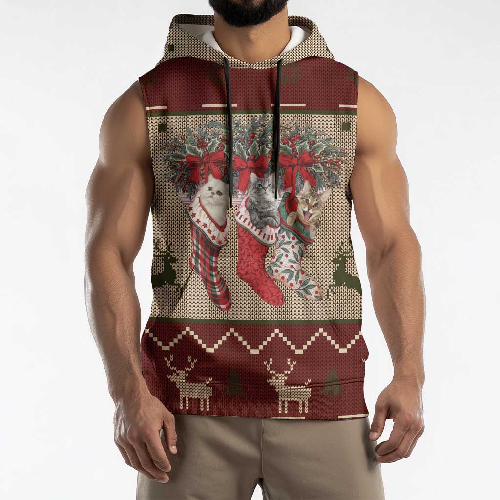 Cat And Sock Christmas Sleeveless Hoodie Xmas Holiday Patterns - Wonder Print Shop