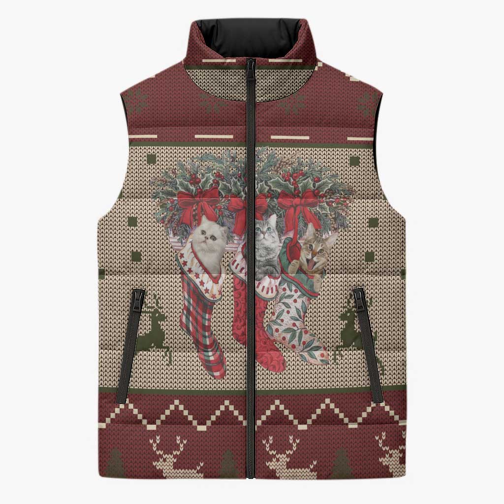 Cat And Sock Christmas Sleeveless Puffer Jacket Xmas Holiday Patterns - Wonder Print Shop