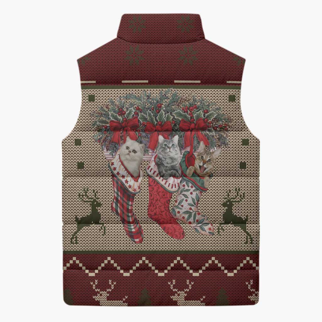 Cat And Sock Christmas Sleeveless Puffer Jacket Xmas Holiday Patterns - Wonder Print Shop
