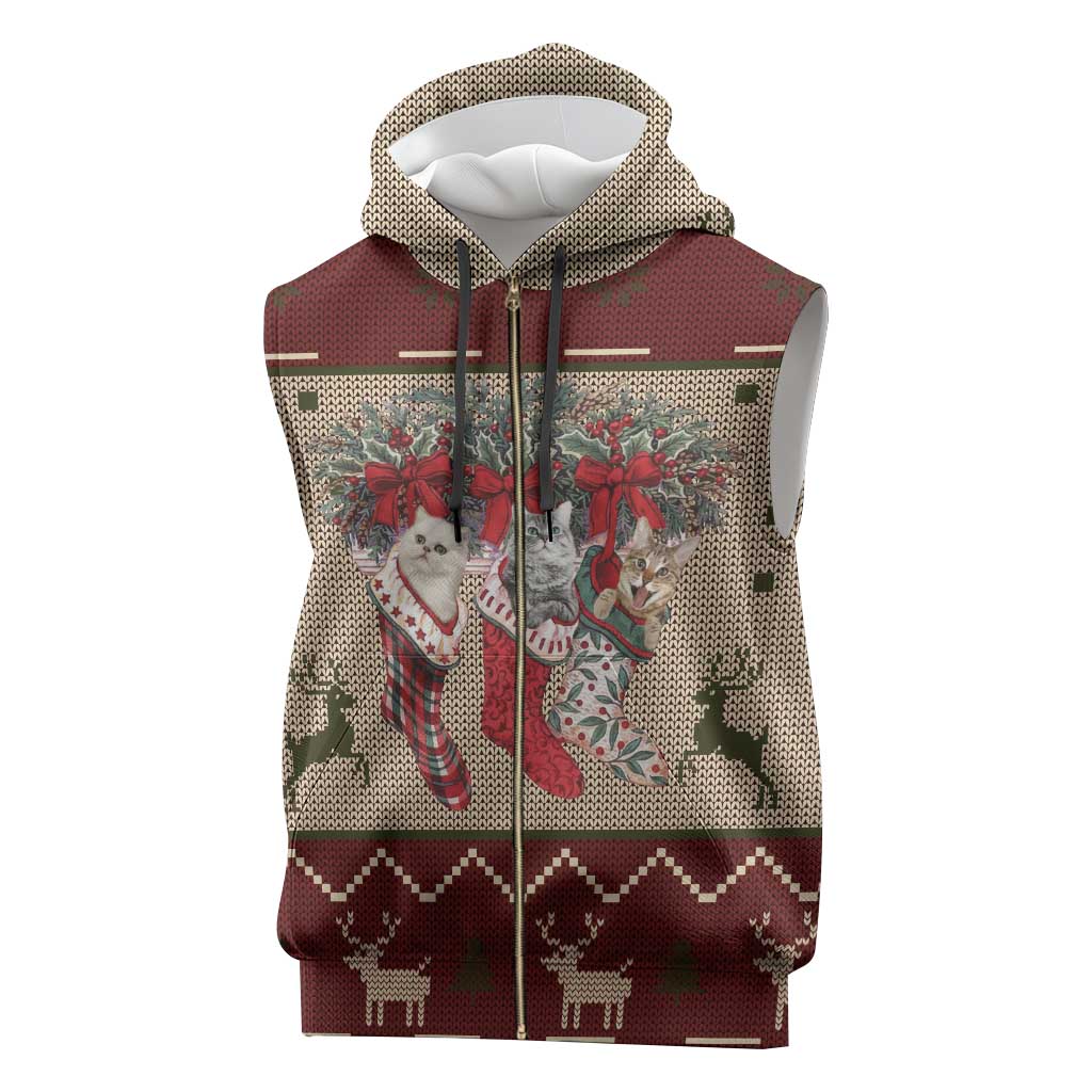 Cat And Sock Christmas Sleeveless Zip Hoodie Xmas Holiday Patterns - Wonder Print Shop