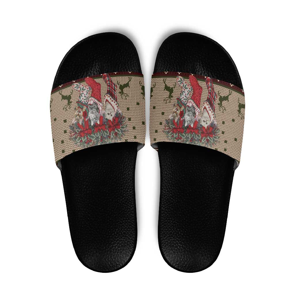 Cat And Sock Christmas Slide Sandals Xmas Holiday Patterns - Wonder Print Shop