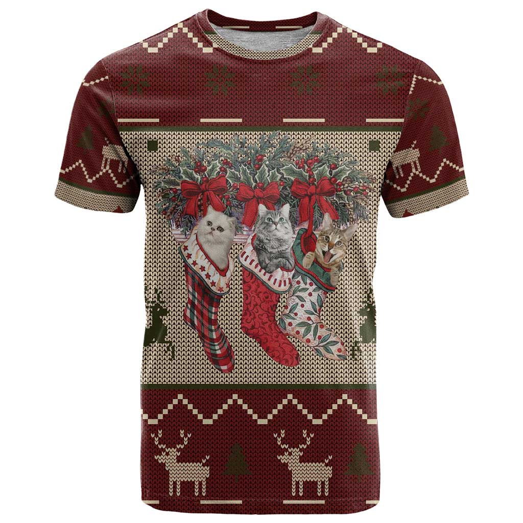 Cat And Sock Christmas T Shirt Xmas Holiday Patterns - Wonder Print Shop