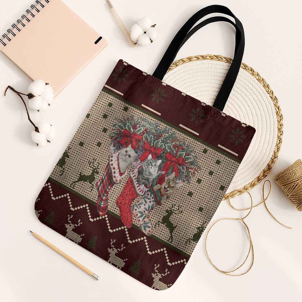 Cat And Sock Christmas Tote Bag Xmas Holiday Patterns - Wonder Print Shop