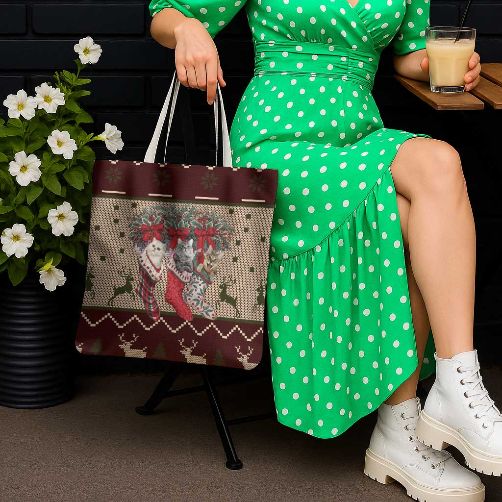 Cat And Sock Christmas Tote Bag Xmas Holiday Patterns - Wonder Print Shop