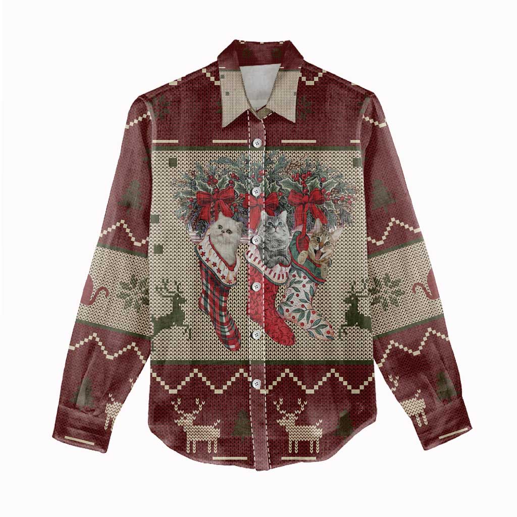 Cat And Sock Christmas Women Casual Shirt Xmas Holiday Patterns - Wonder Print Shop