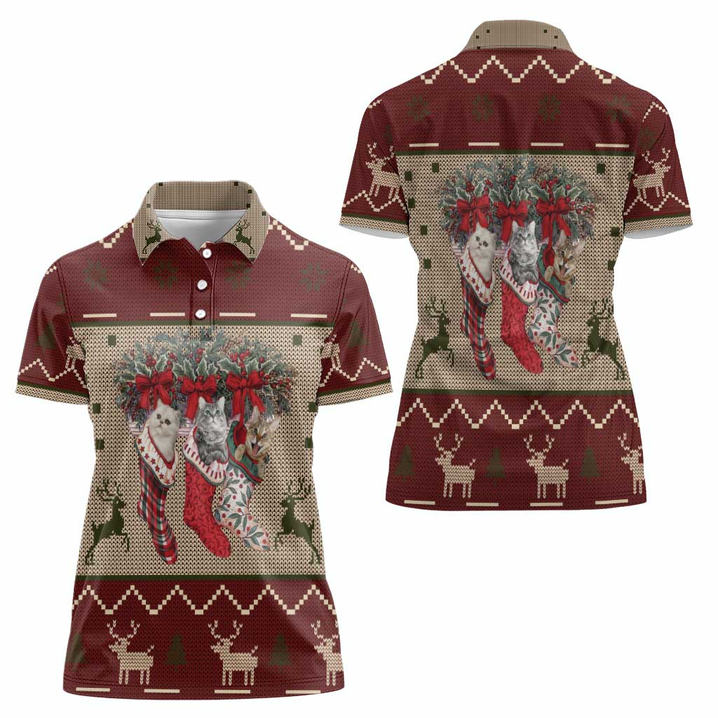 Cat And Sock Christmas Women Polo Shirt Xmas Holiday Patterns - Wonder Print Shop