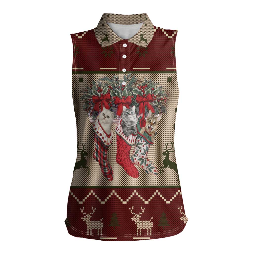Cat And Sock Christmas Women Sleeveless Polo Shirt Xmas Holiday Patterns - Wonder Print Shop