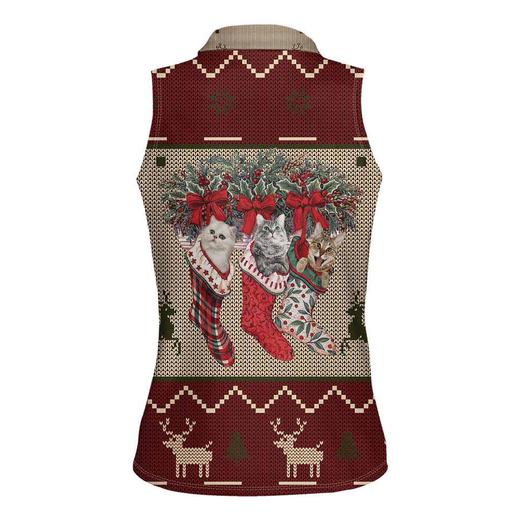 Cat And Sock Christmas Women Sleeveless Polo Shirt Xmas Holiday Patterns - Wonder Print Shop