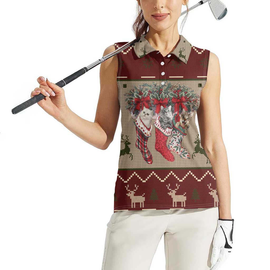 Cat And Sock Christmas Women Sleeveless Polo Shirt Xmas Holiday Patterns - Wonder Print Shop