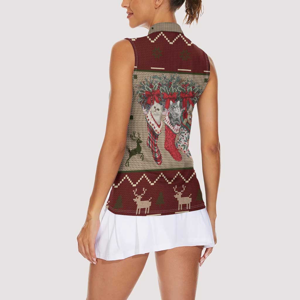 Cat And Sock Christmas Women Sleeveless Polo Shirt Xmas Holiday Patterns - Wonder Print Shop